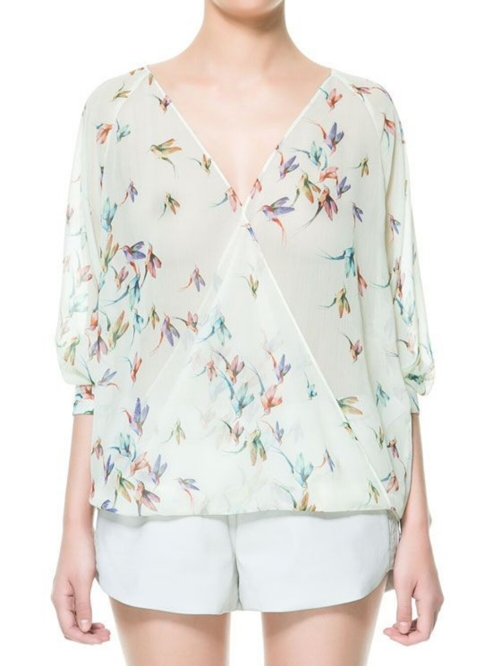 Zara Cream Sheer Wrap Blouse with Multicolor Bird Print